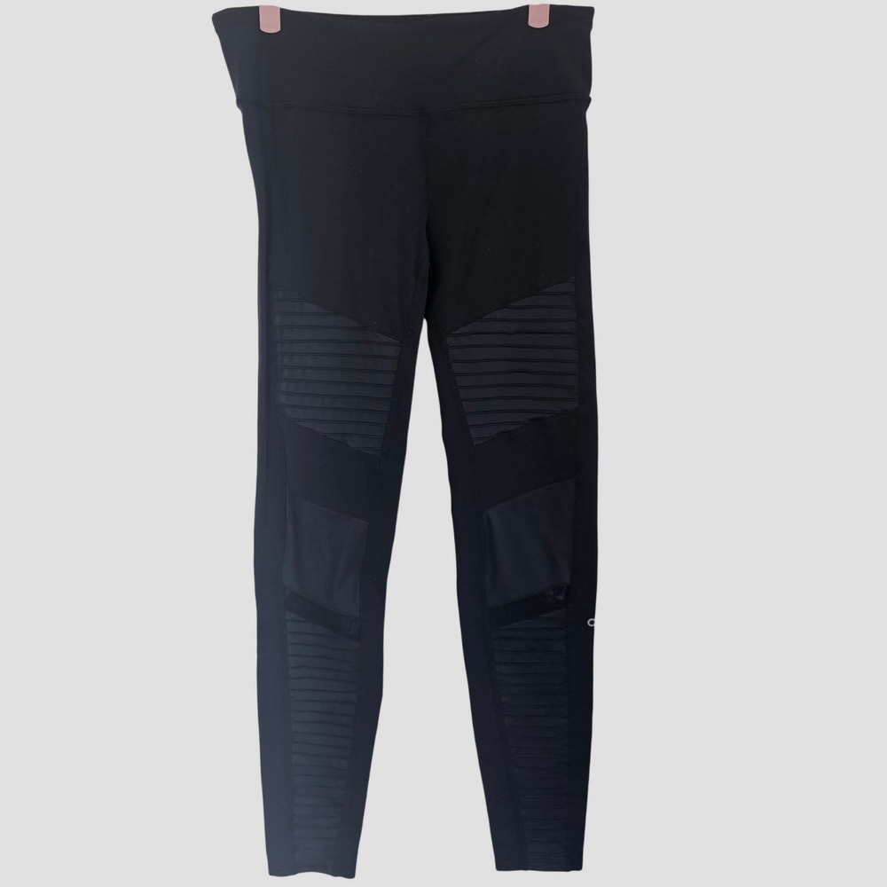 Alo Yoga Moto Leggings Black High Waisted Mesh Quilted Activewear W5494R‎